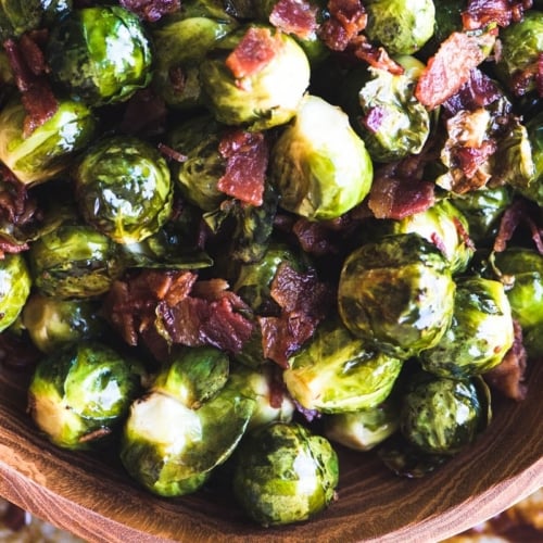 A bowl of Maple Candied Brussels Sprouts with Bacon