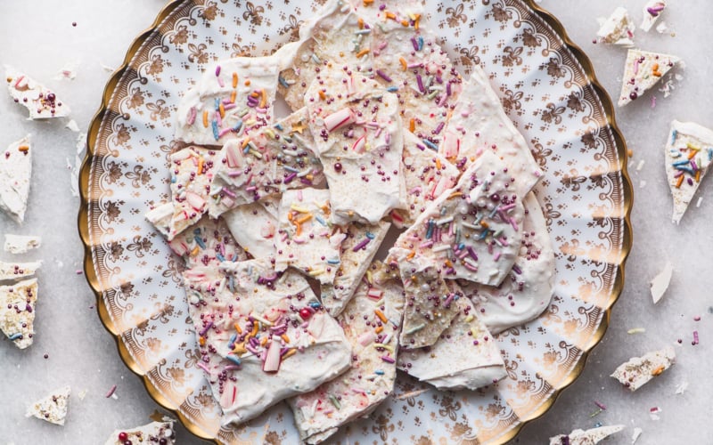Sugar Plum Fairy Bark on a gold and white plate