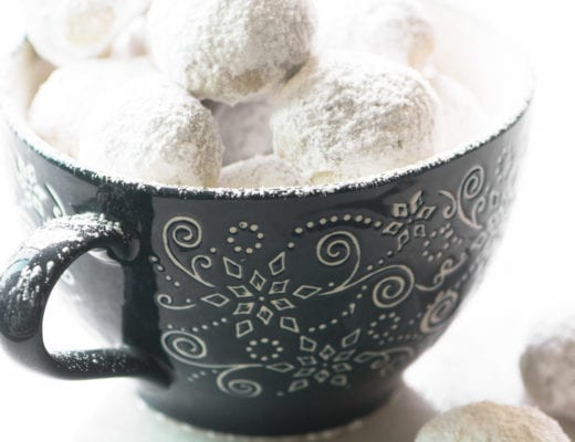 Toasted Almond Russian Tea Cakes in a mug