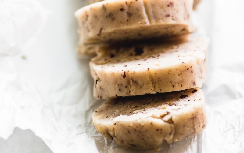 a log of Hazelnut Sandies cookie dough, sliced