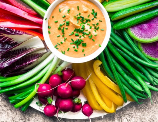 A round platter ofRainbow Crudités with Fire Feta