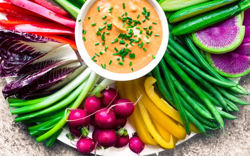 A round platter ofRainbow Crudités with Fire Feta