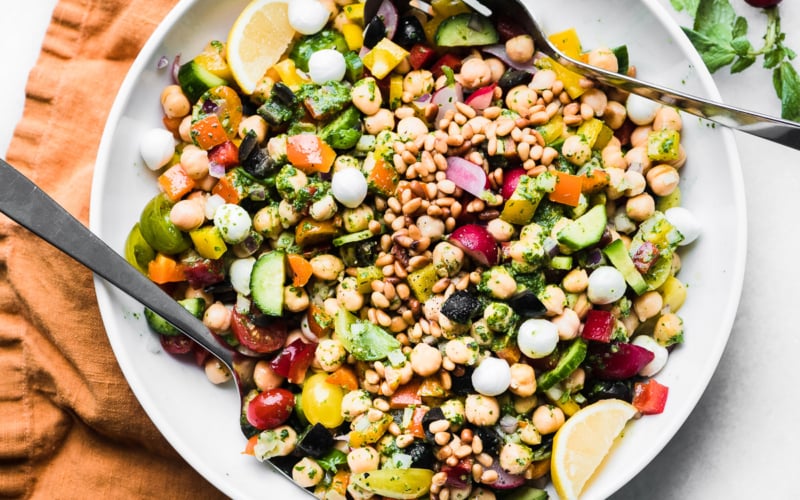 Chickpea Salad with Pesto in a large white bowl 2