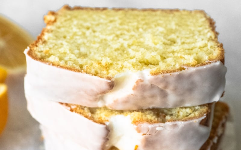 A stack of glazed Buttermilk Lemon Bread slices