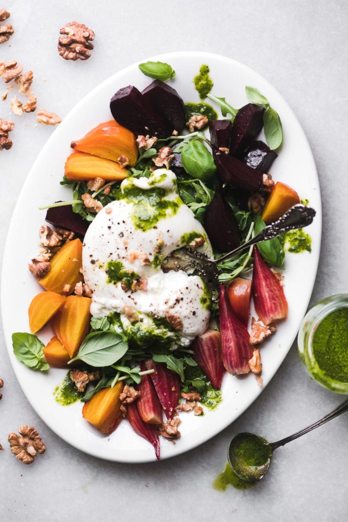Roasted Beets and Burrata with Walnut Basil Oil
