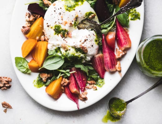 Roasted Beets and burrata on a white platter