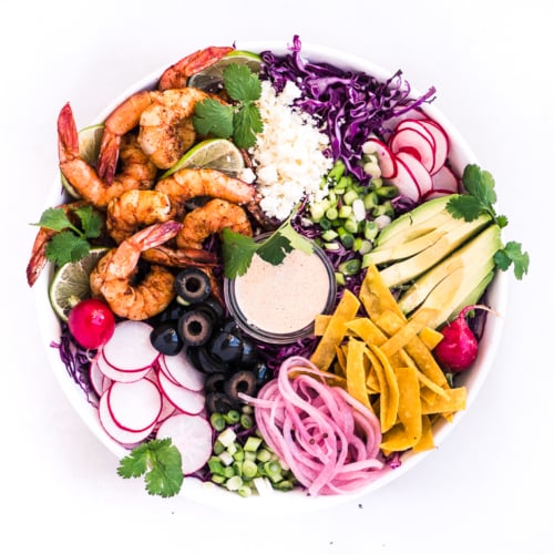 Shrimp Taco Salad in a white bowl 2