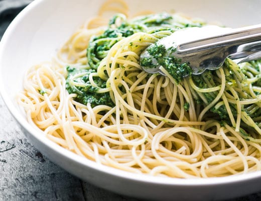 Tossing pasta with a chive parsley pesto