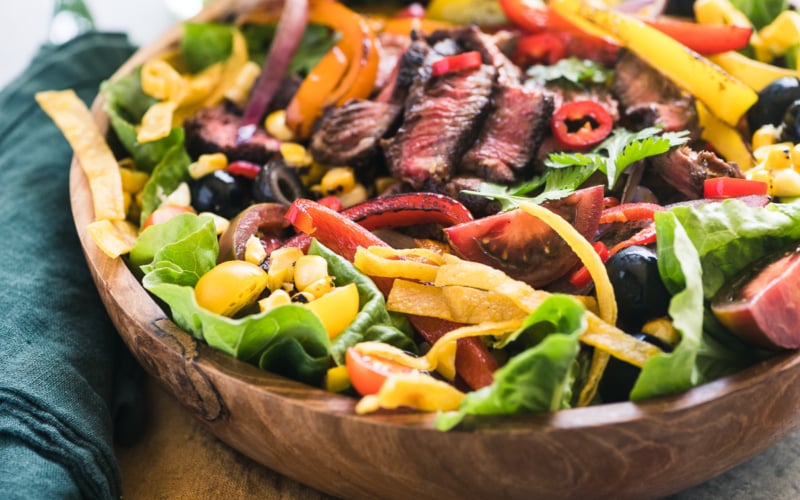 Mexican Steak Fajita Salad in a wooden bowl 2