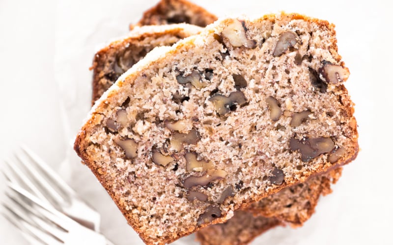 A slice of roasted banana bread