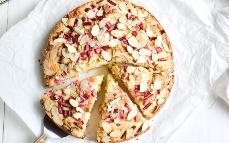Norwegian Rhubarb and Almond Cake on a piece of parchment paper.