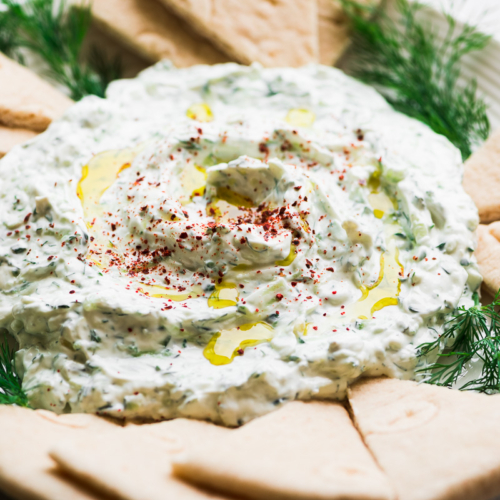 Greek tzatziki dip with pita bread triangles