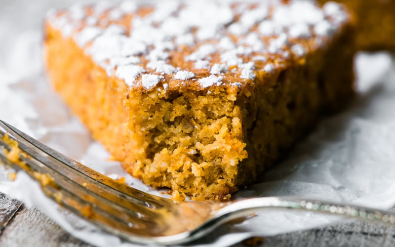 piece of flourless pumpkin bread with fork
