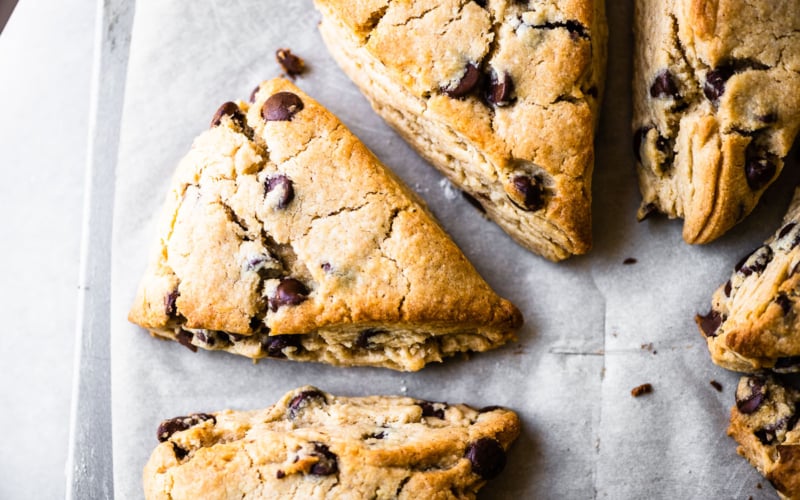 peanut butter chocolate chip scones on a baking sheet