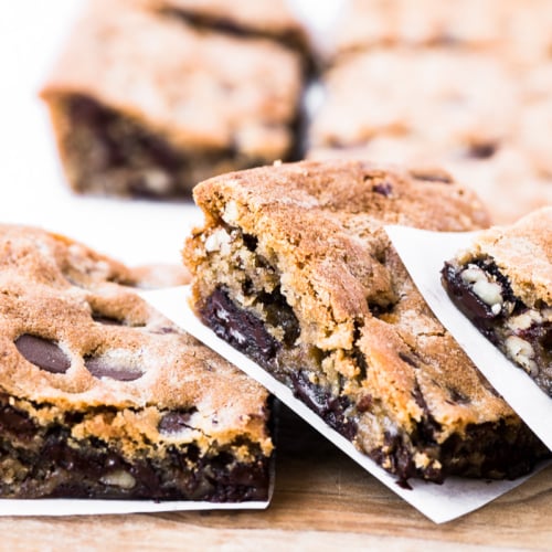 Toasted pecan and dark chocolate chip blondies