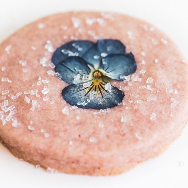 strawberry shortbread cookie with pansy