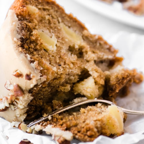 a piece of caramel apple bundt cake