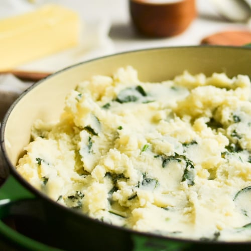 Irish colcannon in a green pot