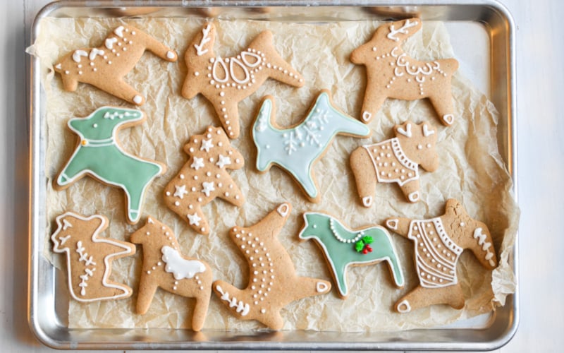 Swedish pepparkakor cookies on a baking sheet.