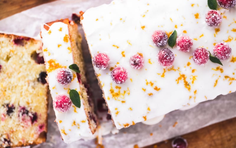 cranberry orange pound cake, sliced