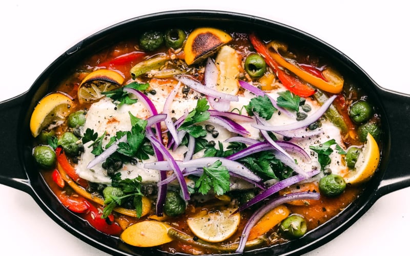 roasted halibut with tomatoes, peppers, and olives