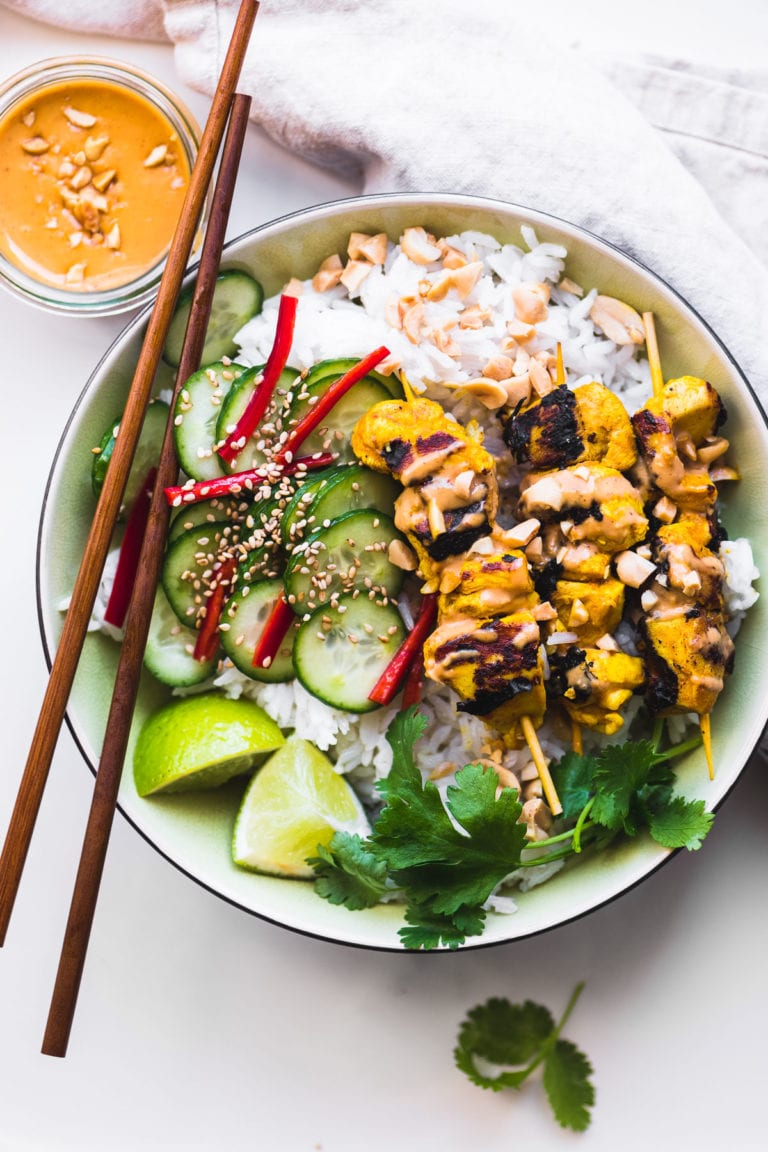 Thai Chicken Satay Bowls with Peanut Sauce • The View from Great Island