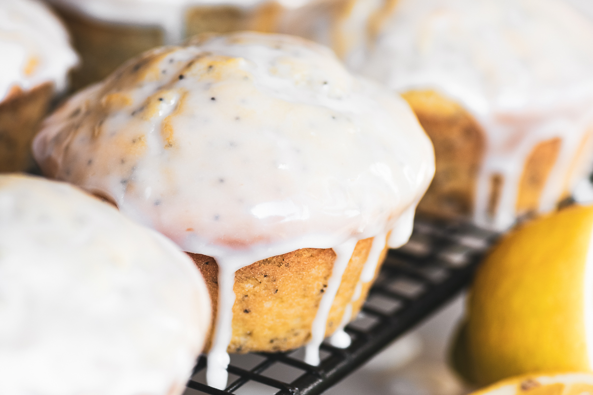 lemon poppy seed muffin with dripping glaze