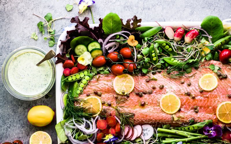 colorful spring salmon salad with yogurt dill dressing