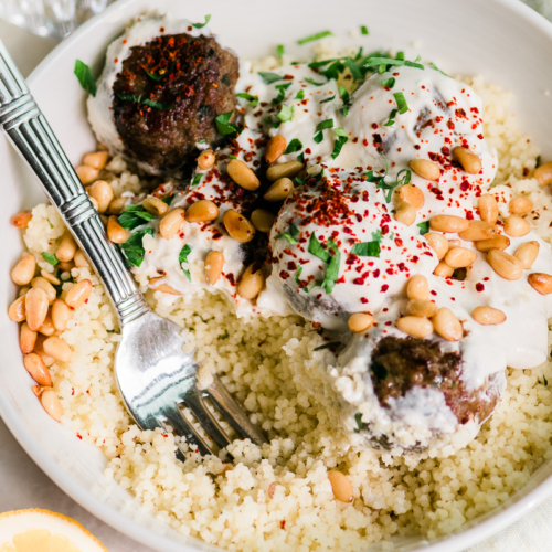 kofte meatball bowl with spiced yogurt