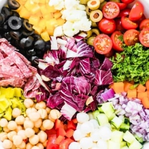 chopped Italian Salad composed in a white salad bowl.