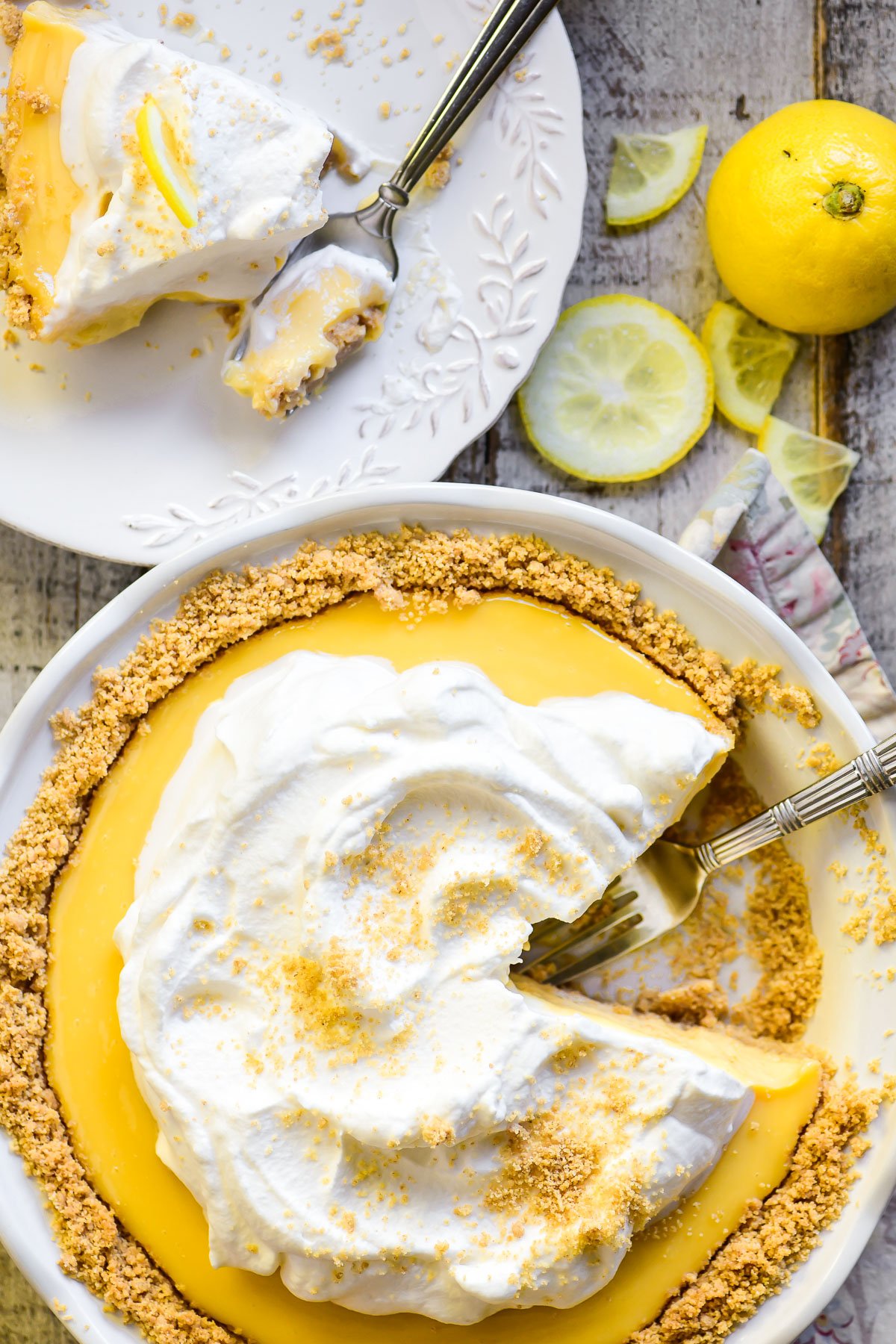 lemon icebox pie with slice on a plate