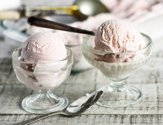 Homemade rhubarb ice cream in small glass dishes