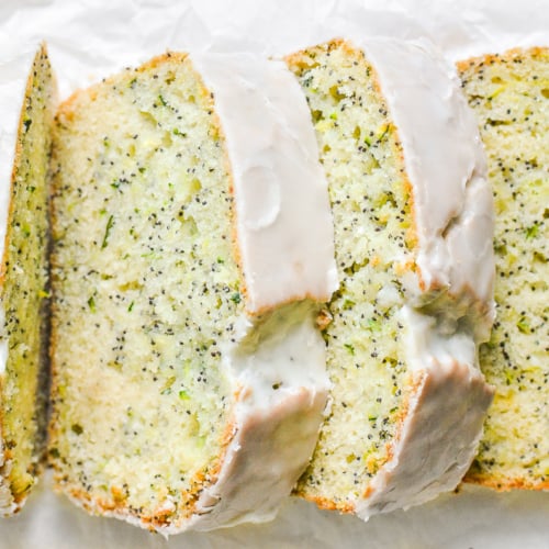 Lemon poppy seed zucchini cake, sliced.
