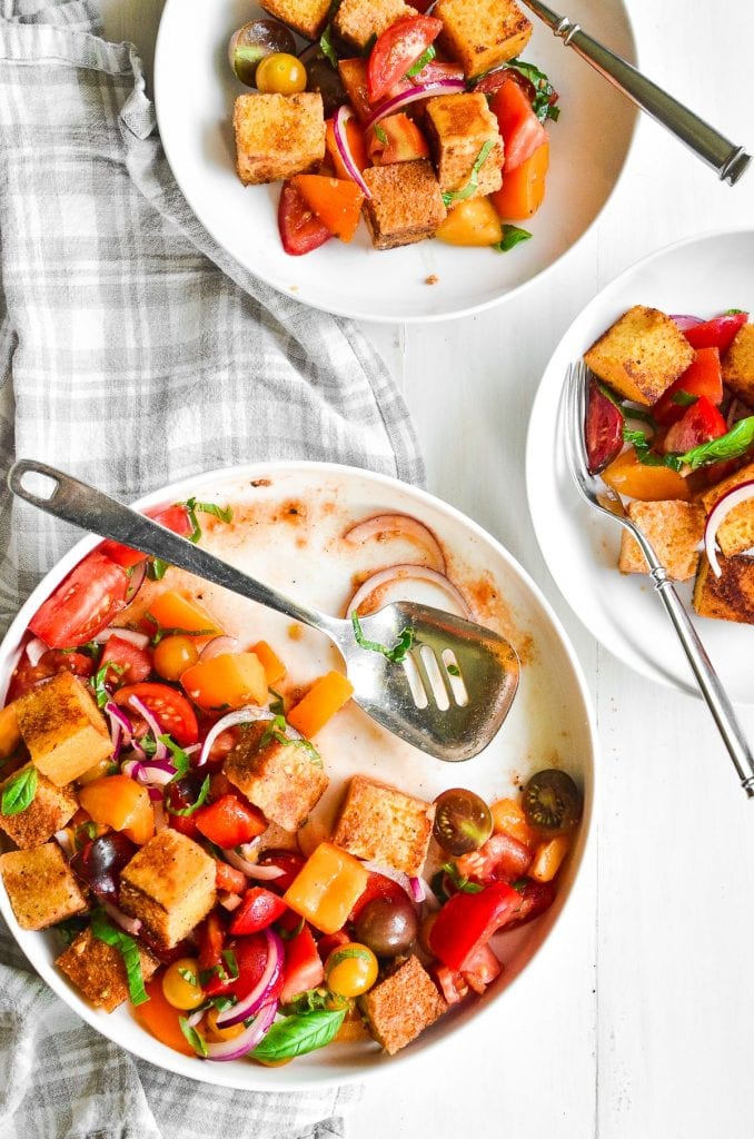 grilled cornbread panzanella in a serving bowl