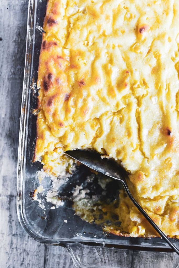 Southern spoonbread casserole just out of the oven