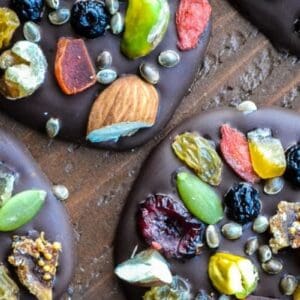 dark chocolate mendiants with pepita seeds.