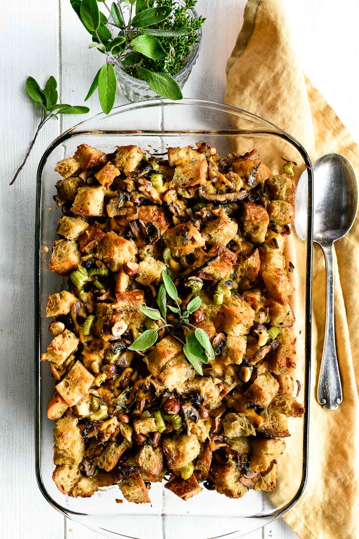 wild mushroom stuffing in a casserole dish.