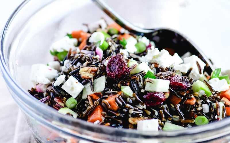 wild rice salad in a glass bowl