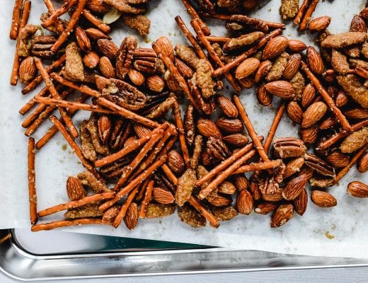 sweet and spicy bar mix on a baking sheet