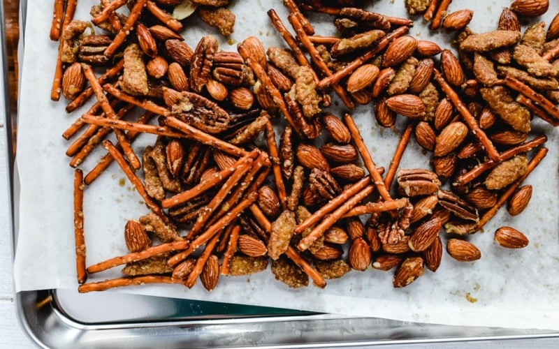 sweet and spicy bar mix on a baking sheet
