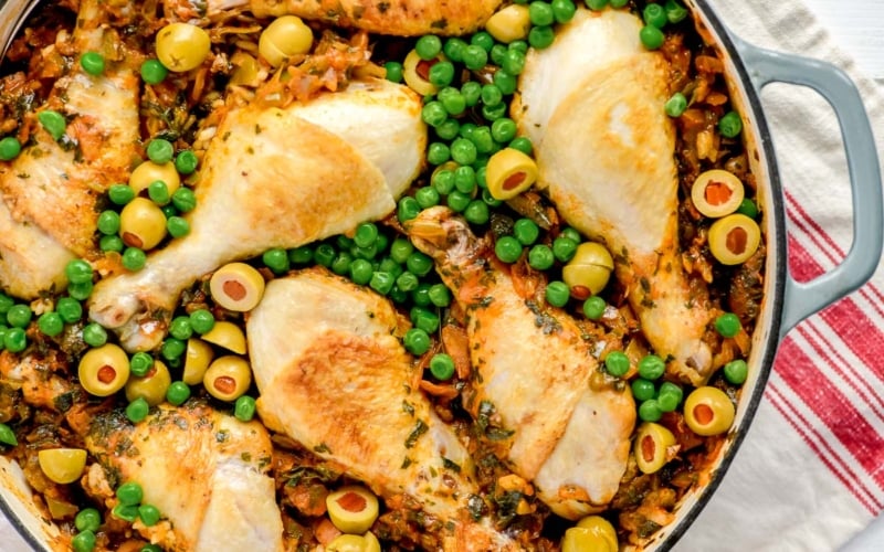arroz con pollo in a braising pan.