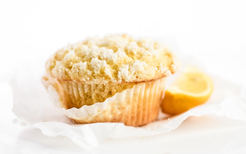 Unwrapping a lemon streusel muffin