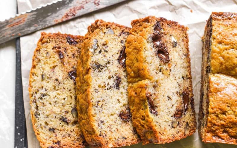 One banana banana bread, sliced.