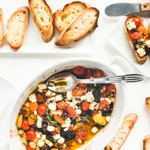 baked feta bruschetta with toasted bread
