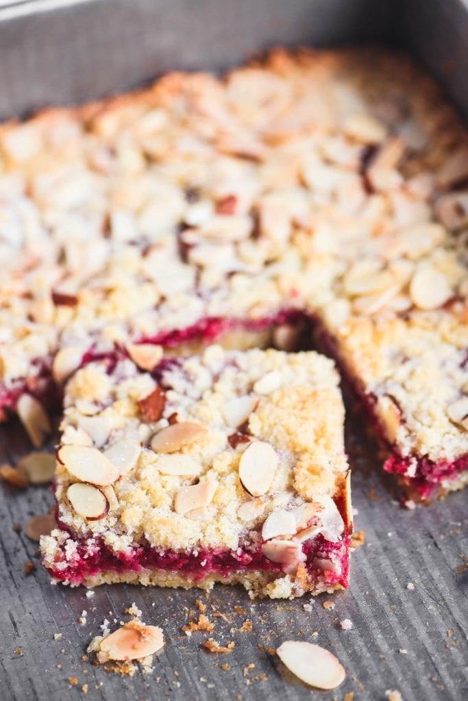 raspberry almond bars in pan