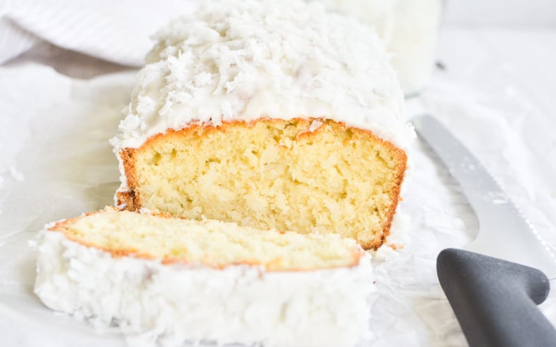 triple coconut pound cake, with knife