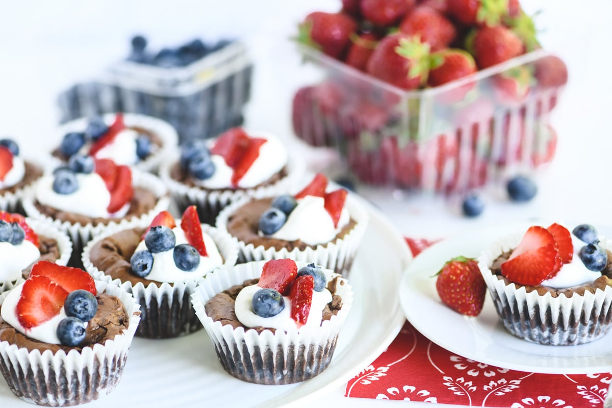 Red white and blue brownie bites with berries