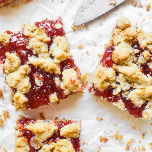 Strawberry jam crumble bars, overhead.