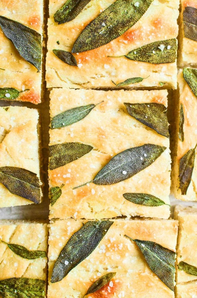 slices of sage focaccia, topped with fresh sage leaves