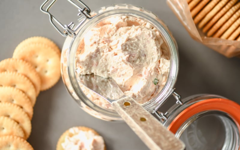 smoked trout dip in a jar with Ritz crackers